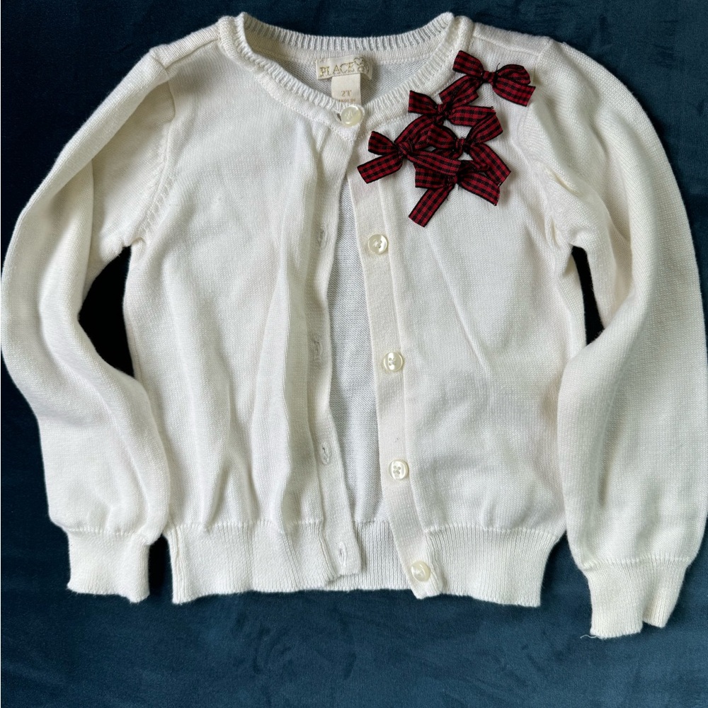 Children’s Place Girls Sweater 2T White button down with plaid bows Christmas